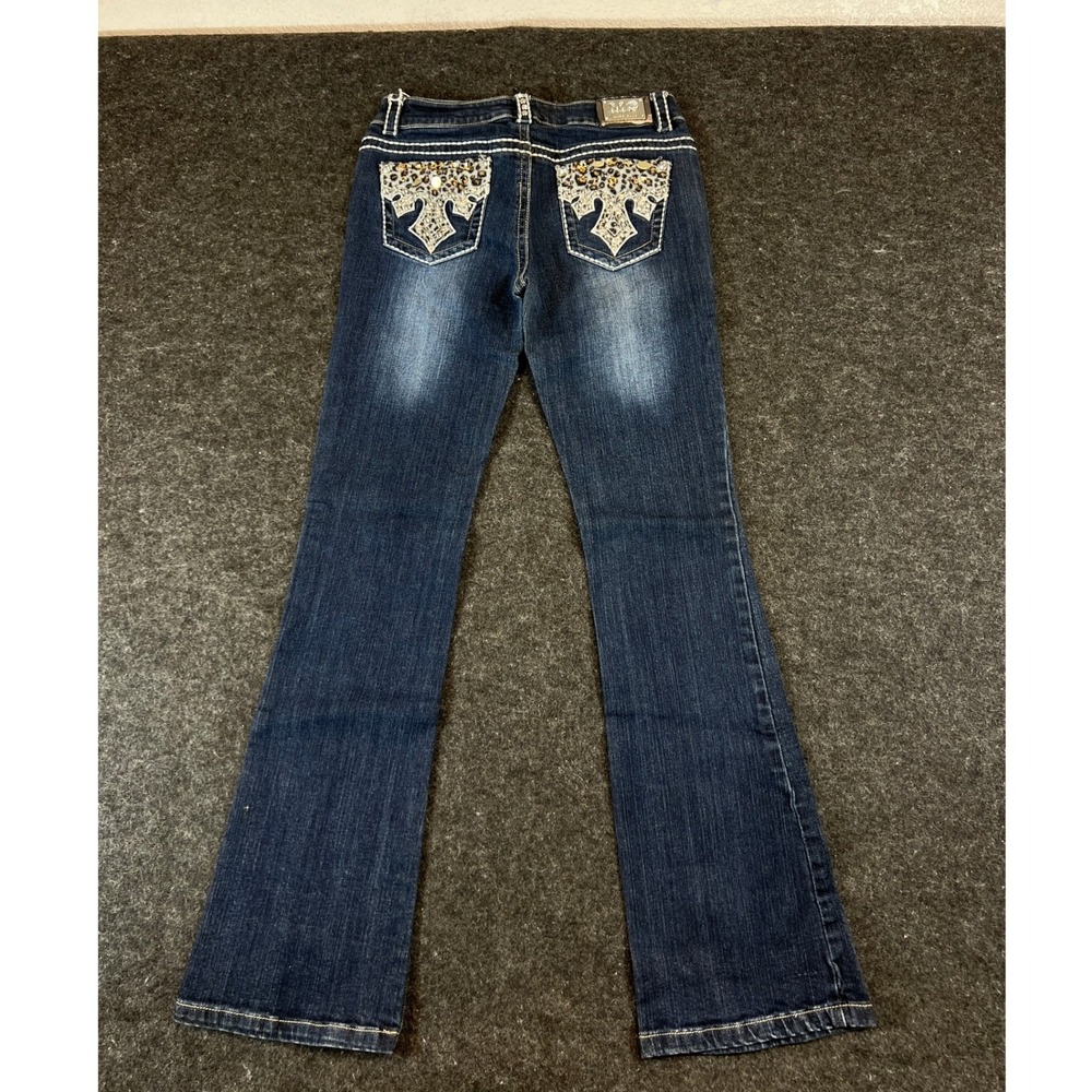 Miss Chic Bootcut Jeans Womens 7 Dark Wash Rhinestone Leopard Cross Y2K MC1862C